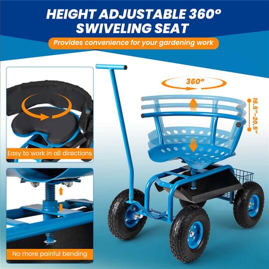 Costway Rolling Garden Cart Work Seat with Adjustable Height, Tool Tray & Storage Basket
